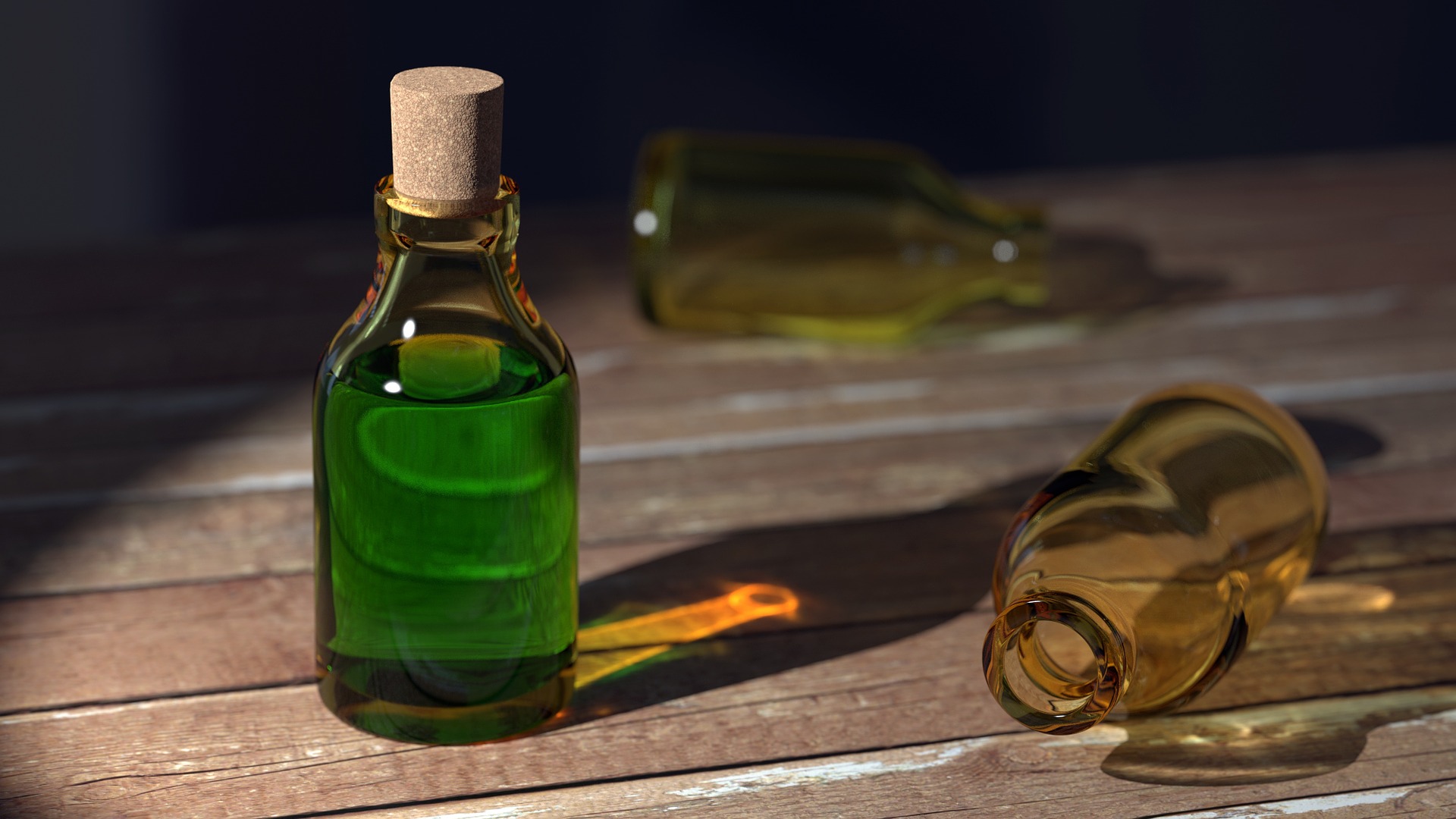 Eine Gruppe Glasflaschen mit Korken im Seitenlicht auf einem Holzboden. Eine Flasche enthält eine grüne Flüssigkeit.