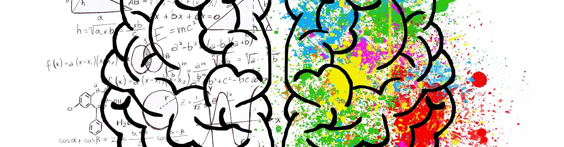 Ein Gehirn mit bunten Farbspritzern auf der rechten und wissenschaftlichen Formeln auf der linken Gehirnhälfte.