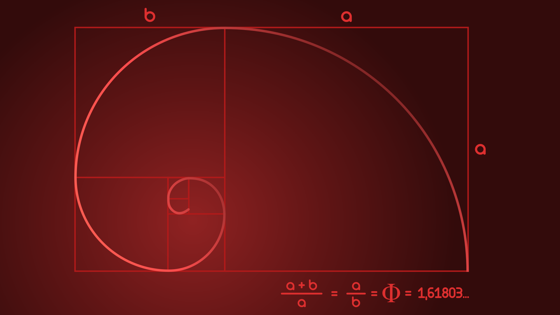 Eine goldene Fibonacci Spirale auf rotem Hintergrund.