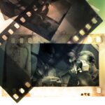 Farbiges Fotogramm aus übereinander gelegten Kleinbild-Negativen.