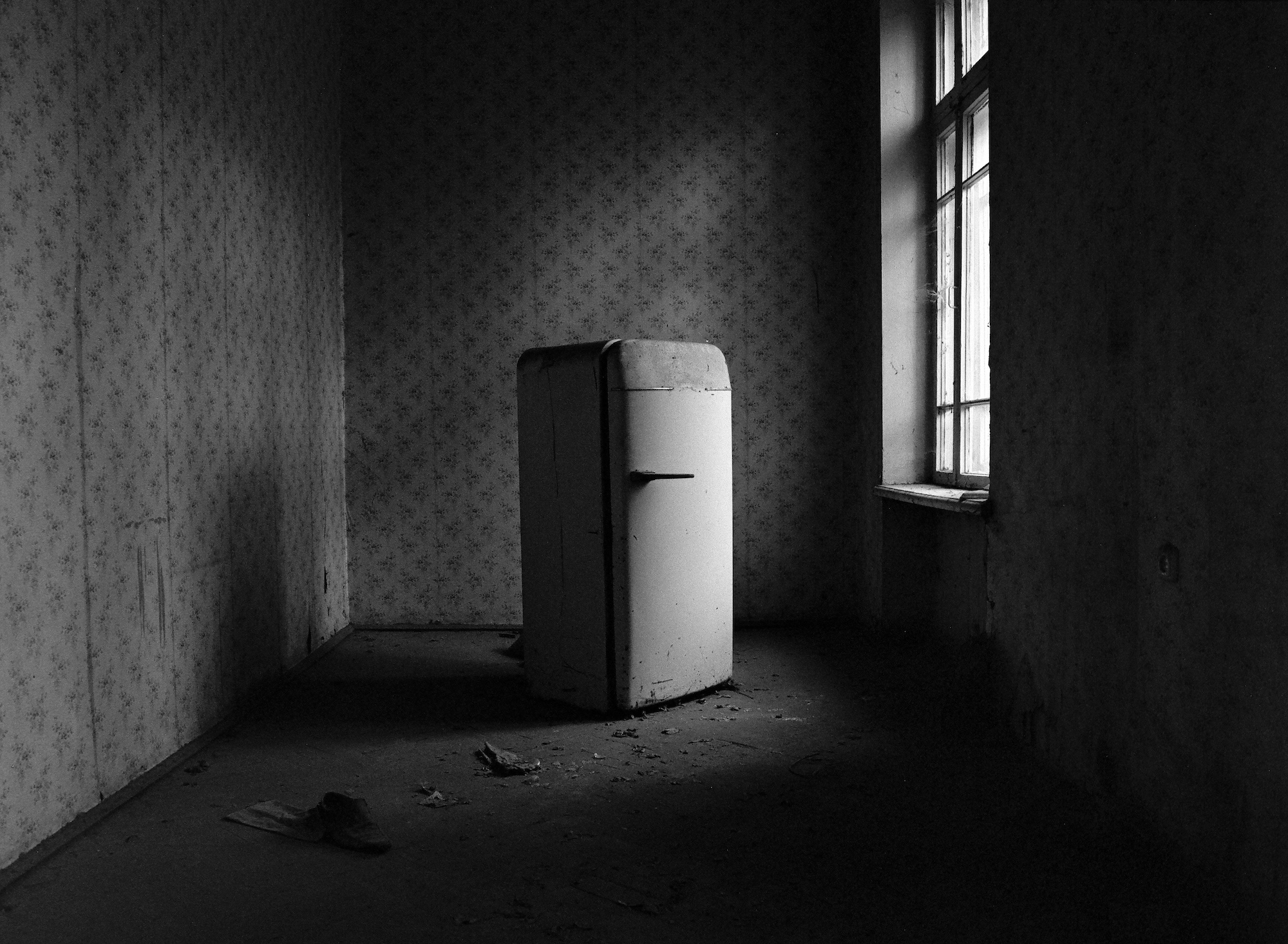 Ein einzelner alter Kühlschrank steht in der Mitte eines leeren, schwach beleuchteten Raums mit abblätternden Tapeten und Schutt auf dem Boden. (KI generierte Beschreibung)