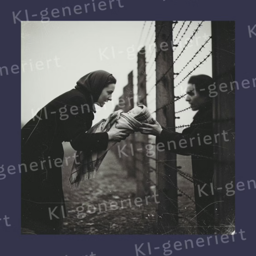 Foto: Quelle: Facebook/Historic Voices. Dieses Bild wurde auf Facebook gepostet. Angeblich soll es eine Mutter im Vernichtungslager Sobibor zeigen, die ihren Säugling durch den Zaun einer Frau übergibt. Dass das Bild durch KI erstellt wurde, wird im Begleittext verschwiegen. Die SZ, von der wir das Bild übernommen haben, hat das hier nachträglich mit einem Wasserzeichen gekennzeichnet.