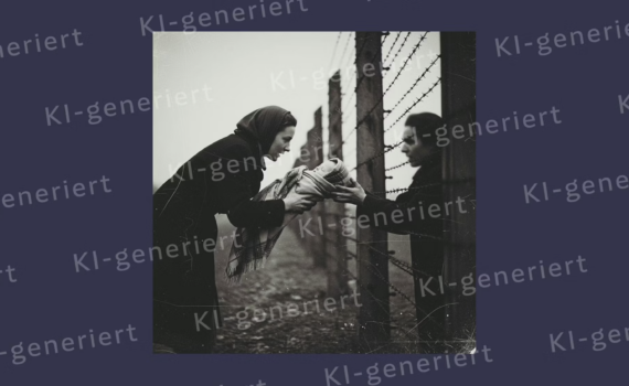 Foto: Quelle: Facebook/Historic Voices. Dieses Bild wurde auf Facebook gepostet. Angeblich soll es eine Mutter im Vernichtungslager Sobibor zeigen, die ihren Säugling durch den Zaun einer Frau übergibt. Dass das Bild durch KI erstellt wurde, wird im Begleittext verschwiegen. Die SZ, von der wir das Bild übernommen haben, hat das hier nachträglich mit einem Wasserzeichen gekennzeichnet.