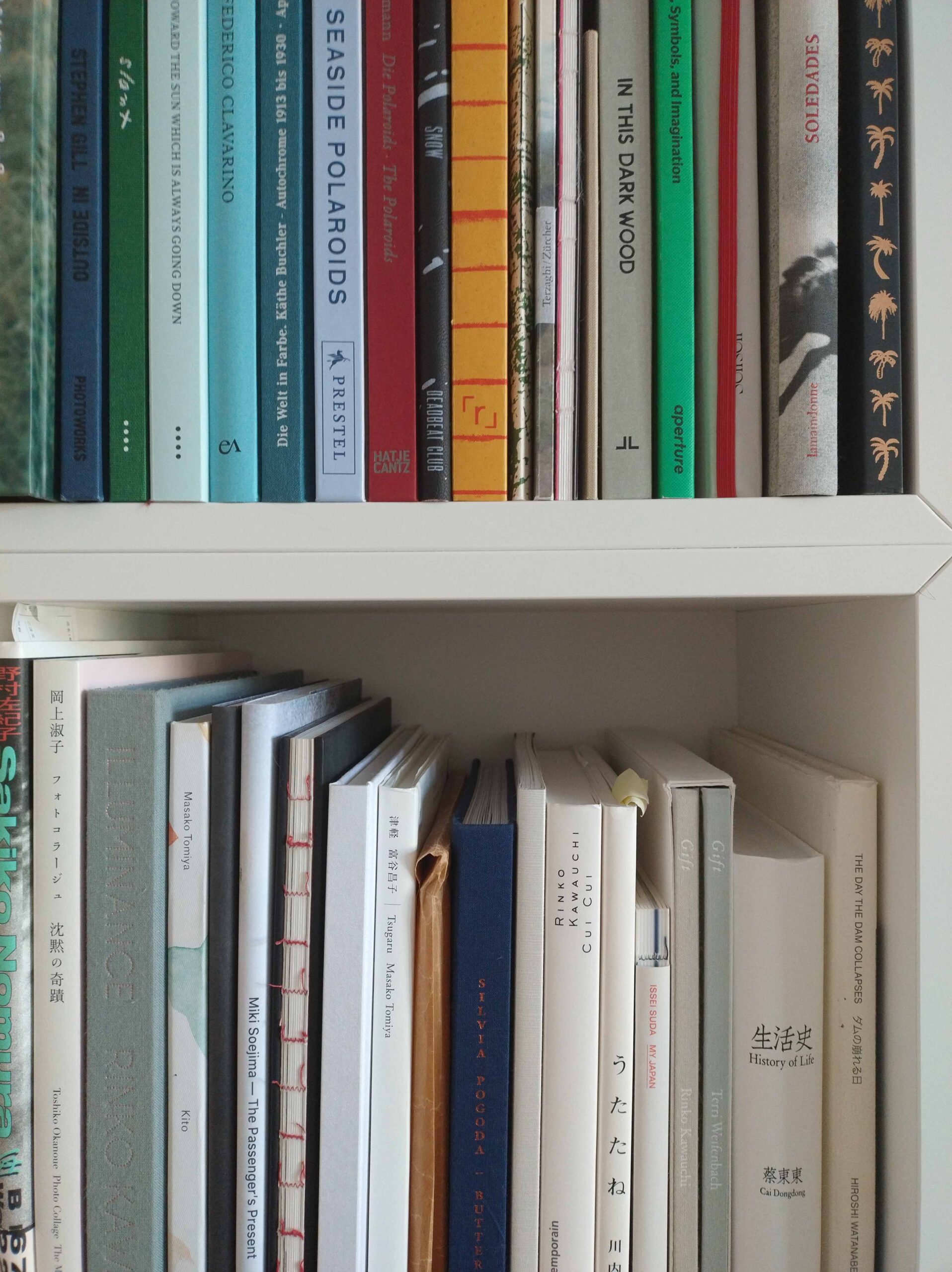 Bücher in verschiedenen Farben und Größen sind ordentlich in zwei weißen Regalen angeordnet; auf den Buchrücken sind die Titel in mehreren Sprachen zu sehen, darunter Englisch und Japanisch. (KI generierte Beschreibung)