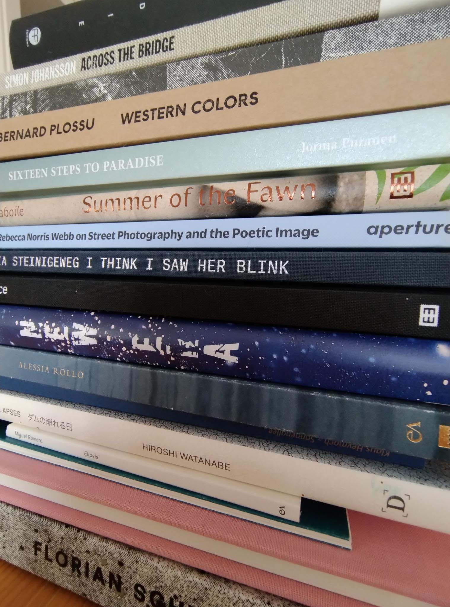 Eine Nahaufnahme eines Stapels von Foto- und Kunstbüchern, deren bunte Buchrücken und Titel zu sehen sind und die auf einer ebenen Fläche angeordnet sind. (KI generierte Beschreibung)