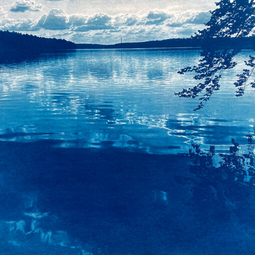 Seeblick mit einem über das Wasser ragenden Ast, auf dessen ruhiger Oberfläche sich Himmel und Wolken spiegeln. (KI generierte Beschreibung)