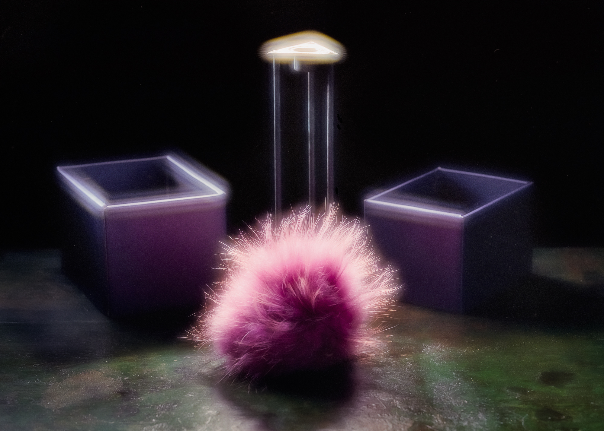 Ein flauschiger rosa Ball liegt auf einer Oberfläche, daneben befinden sich zwei offene lila Kisten und darüber schwebt ein kleines leuchtendes Objekt. (KI generierte Beschreibung)