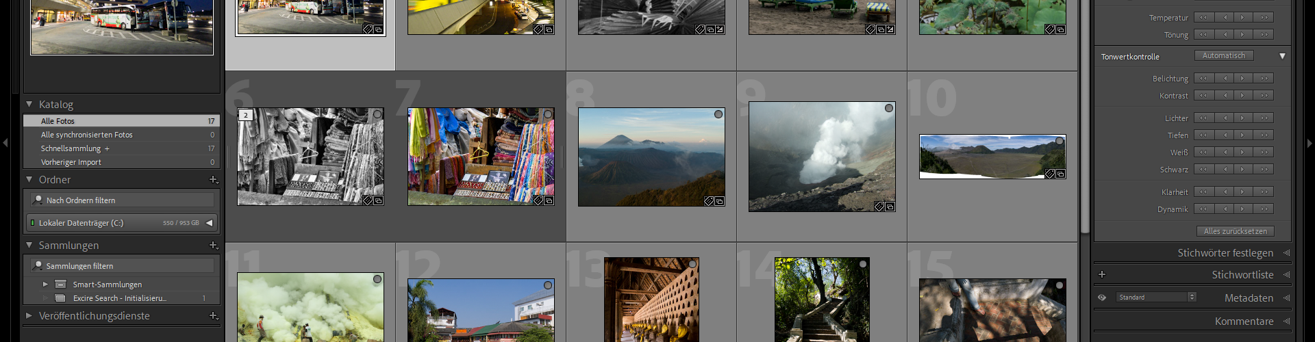 Screenshot der Adobe Lightroom-Benutzeroberfläche, die mehrere Fotos in einer Rasteranordnung anzeigt, mit Anpassungsreglern und Bearbeitungsoptionen auf der rechten Seite. (KI generierte Beschreibung)