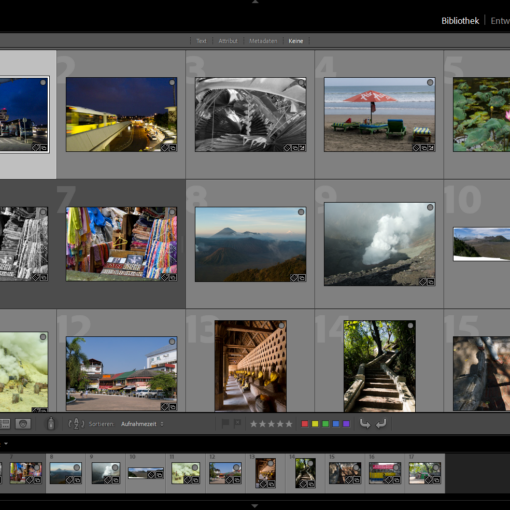 Screenshot der Adobe Lightroom-Benutzeroberfläche, die mehrere Fotos in einer Rasteranordnung anzeigt, mit Anpassungsreglern und Bearbeitungsoptionen auf der rechten Seite. (KI generierte Beschreibung)