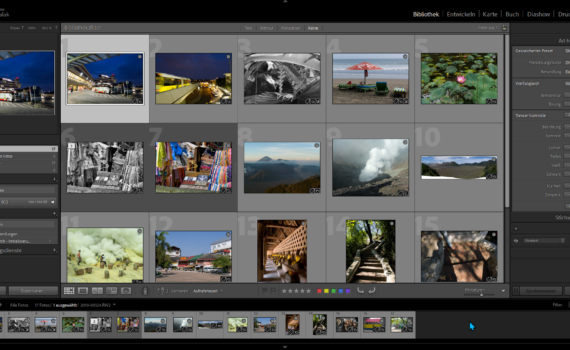 Screenshot der Adobe Lightroom-Benutzeroberfläche, die mehrere Fotos in einer Rasteranordnung anzeigt, mit Anpassungsreglern und Bearbeitungsoptionen auf der rechten Seite. (KI generierte Beschreibung)