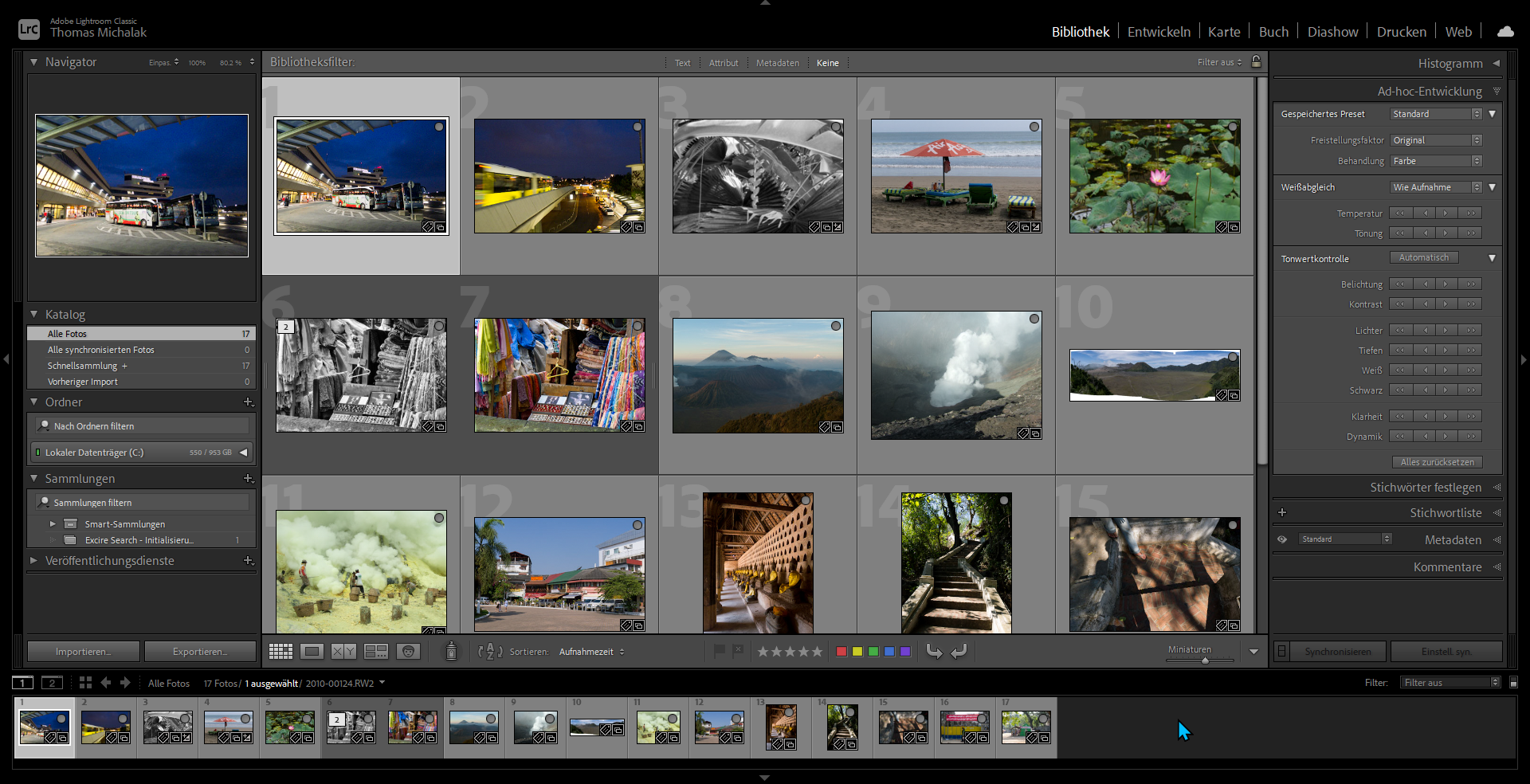 Screenshot der Adobe Lightroom-Benutzeroberfläche, die mehrere Fotos in einer Rasteranordnung anzeigt, mit Anpassungsreglern und Bearbeitungsoptionen auf der rechten Seite. (KI generierte Beschreibung)