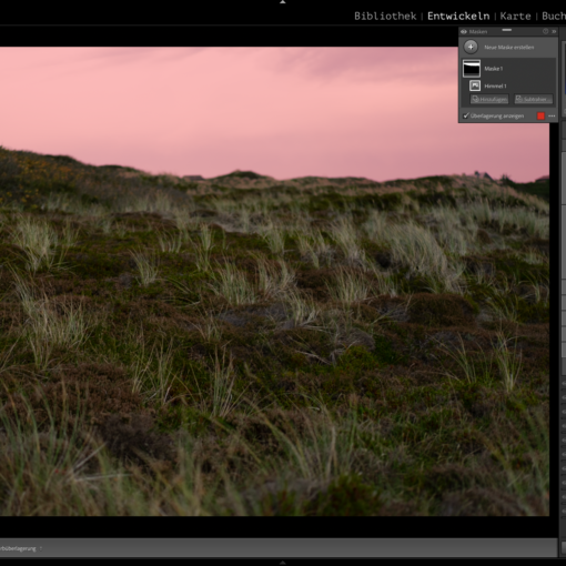 Eine Softwareoberfläche (Lightroom Classic), die ein Foto einer Wiese bei Sonnenuntergang anzeigt, mit Anpassungswerkzeugen auf der rechten Seite zum Bearbeiten des Bildes. (KI generierte Beschreibung)