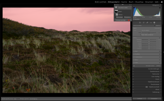 Eine Softwareoberfläche (Lightroom Classic), die ein Foto einer Wiese bei Sonnenuntergang anzeigt, mit Anpassungswerkzeugen auf der rechten Seite zum Bearbeiten des Bildes. (KI generierte Beschreibung)