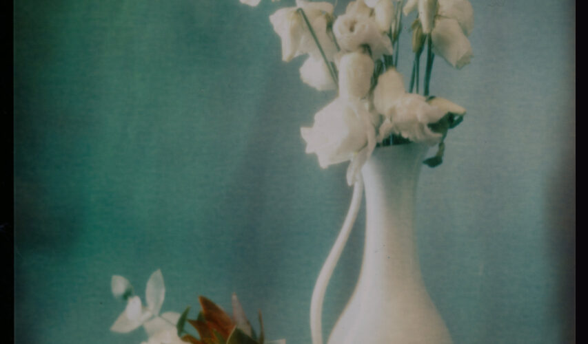 Eine weiße Keramikvase enthält verwelkte weiße Blumen, daneben liegt ein kleiner Strauß verschiedener Blumen auf einer dunklen Fläche vor einem sanften blau-grünen Hintergrund. (KI generierte Beschreibung)