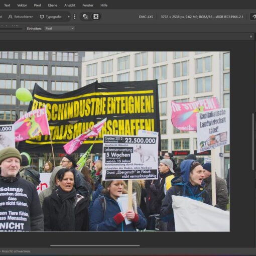 Eine Gruppe von Demonstranten, die bei einer Demonstration Schilder und Transparente mit deutschem Text auf den Schildern halten, in einer städtischen Außenanlage. (KI generierte Beschreibung)