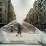 Eine Person geht über einen Zebrastreifen, der durch eine große transparente Plastikfolie verdeckt wird. Städtische Straßenszene mit Gebäuden auf beiden Seiten. (KI generierte Beschreibung)