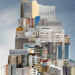 Eine surreale Wolkenkratzer-Collage aus verschiedenen Architekturstilen und Texturen unter einem bewölkten Himmel. (KI generierte Beschreibung)