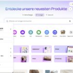 Screenshot der Canva-Website auf Deutsch, der die Startseite mit Designvorlagen und ein Benutzermenü auf der linken Seite zeigt, in dem die Option "Einstellungen" hervorgehoben wird. (KI generierte Beschreibung)