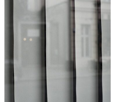 Vertikale dunkle Streifen auf einer halbtransparenten Fläche, im Hintergrund ist schemenhaft ein Gebäude zu erkennen. (KI generierte Beschreibung)