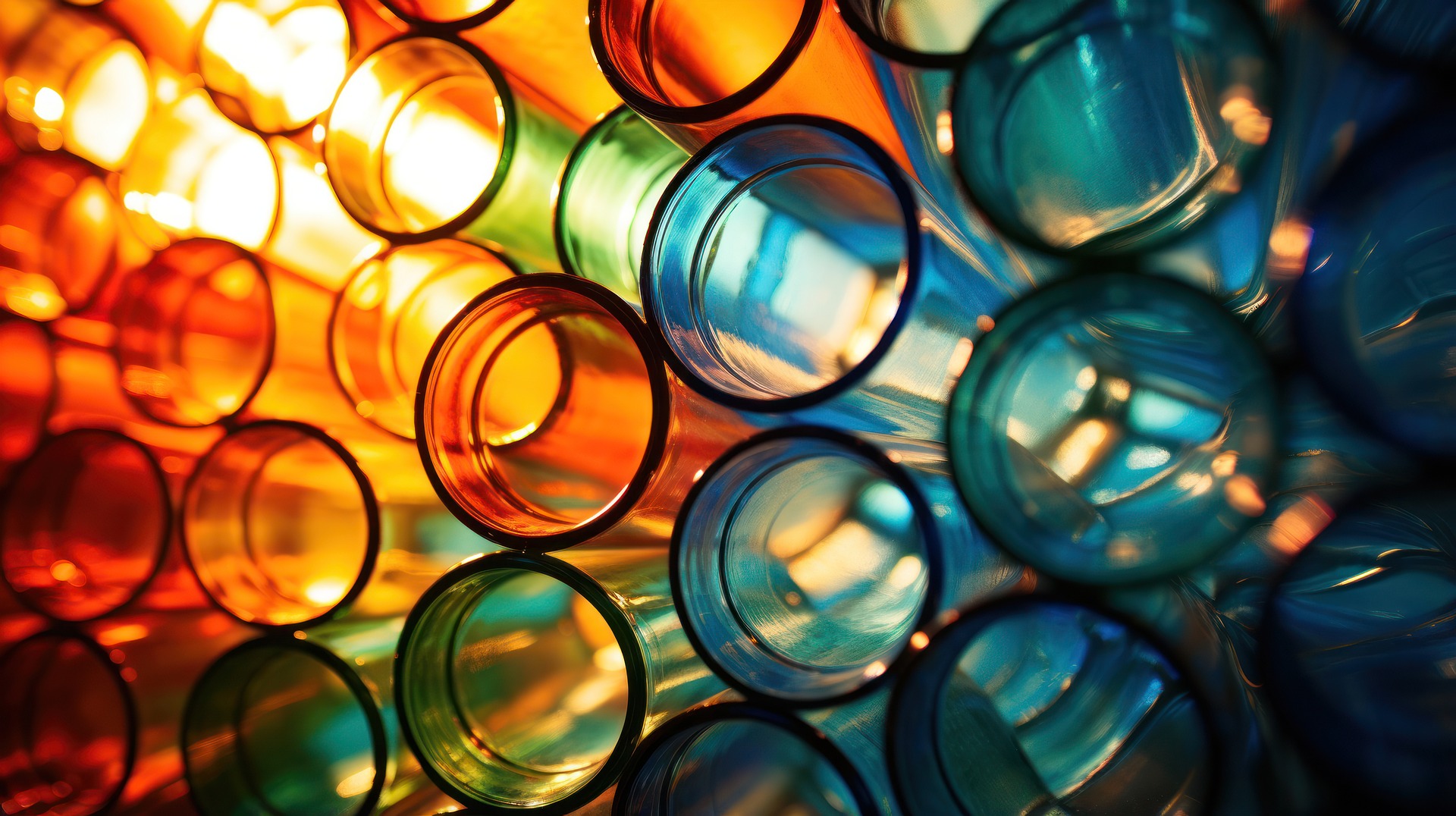 Bunte Nahaufnahme von durchscheinenden Glaszylindern in Rot-, Orange- und Blautönen, die durch Licht beleuchtet werden. (KI generierte Beschreibung)