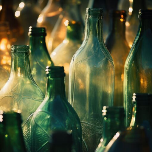 Sammlung verschiedener leerer Glasflaschen, die durch weiches, warmes Hintergrundlicht beleuchtet werden und so einen Leuchteffekt und komplexe Schatten erzeugen. (KI generierte Beschreibung)