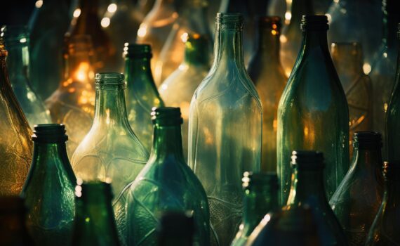 Sammlung verschiedener leerer Glasflaschen, die durch weiches, warmes Hintergrundlicht beleuchtet werden und so einen Leuchteffekt und komplexe Schatten erzeugen. (KI generierte Beschreibung)