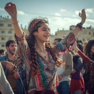 Eine junge Frau tanzt fröhlich mit erhobenen Händen bei einer lebhaften Versammlung im Freien und trägt ein farbenfrohes Bohème-Outfit.