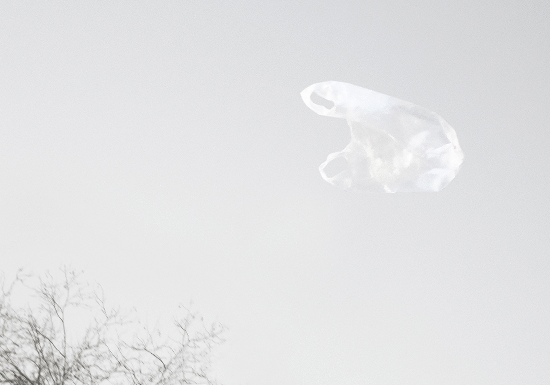 Eine weiße Plastiktüte schwebt vor einem grauen Himmel. In der Ecke sind kahle Äste zu sehen. (KI generierte Beschreibung)