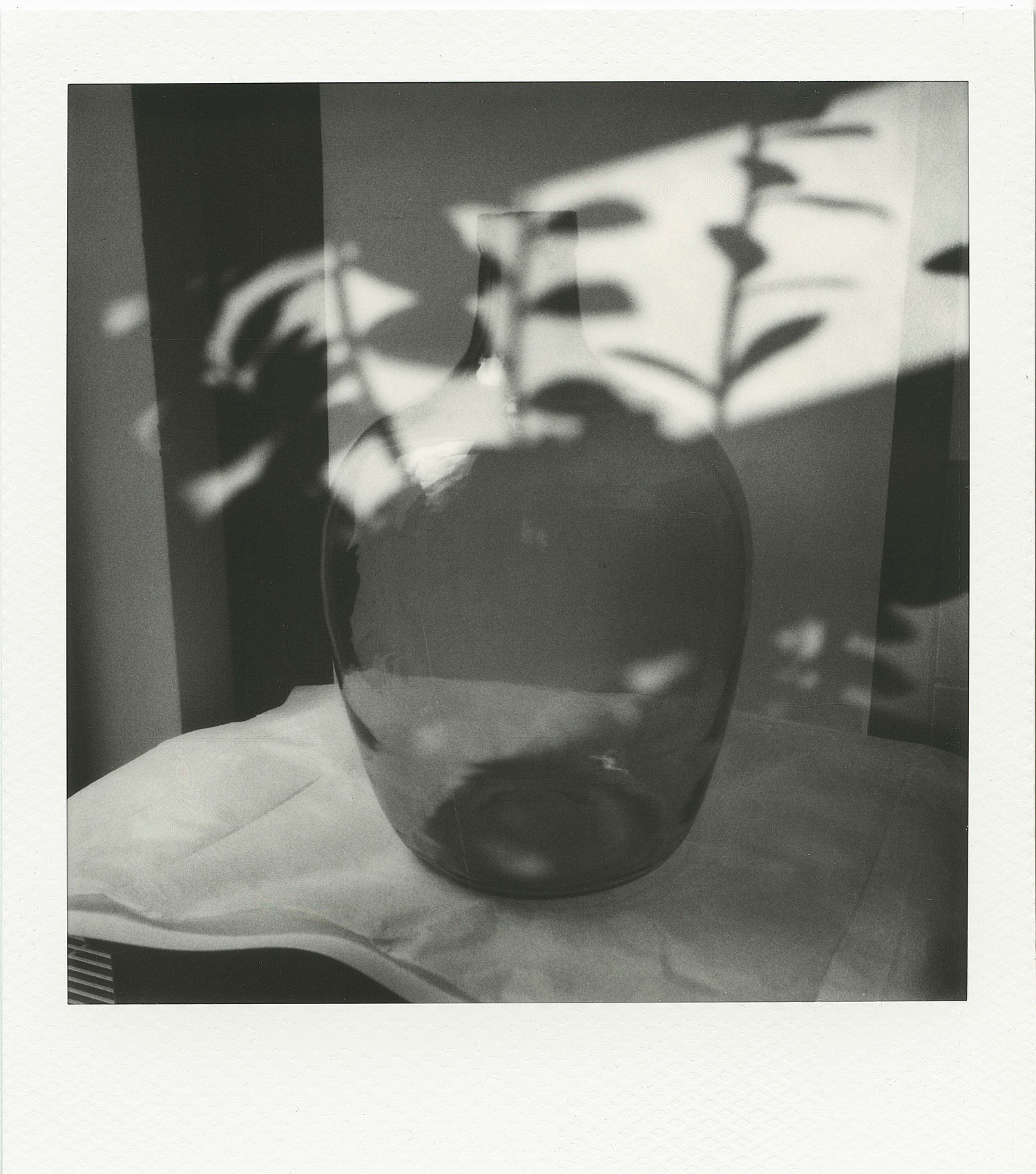 Auf einer mit Stoff bezogenen Fläche steht eine durchsichtige Glasflasche, hinter der sich die Schatten von Blättern und Ästen an die Wand werfen. (KI generierte Beschreibung)