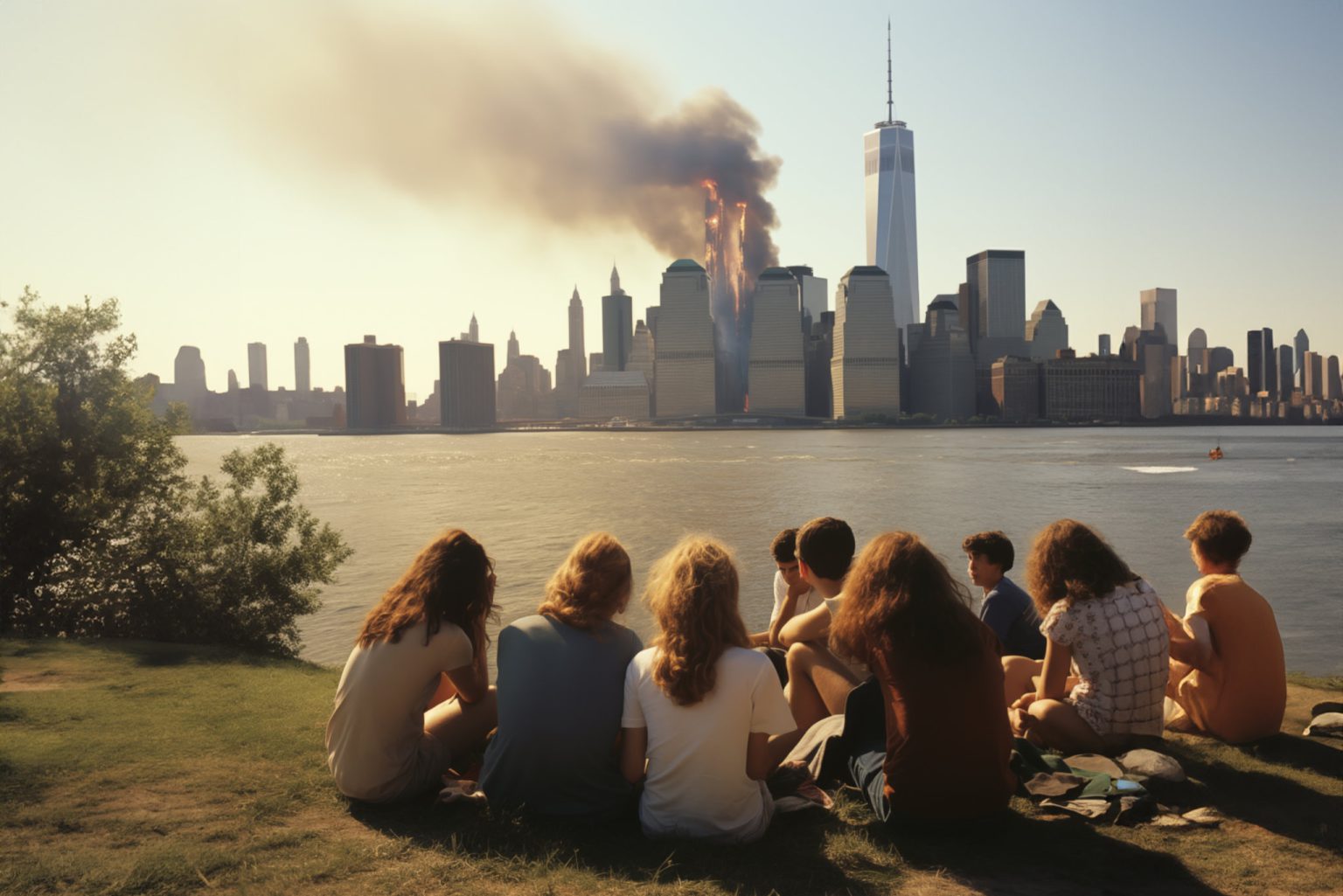 Eine Gruppe von Menschen sitzt auf einem grasbewachsenen Flussufer und beobachtet die Skyline einer Stadt in der Ferne, aus einem der hohen Gebäude steigt Rauch auf.