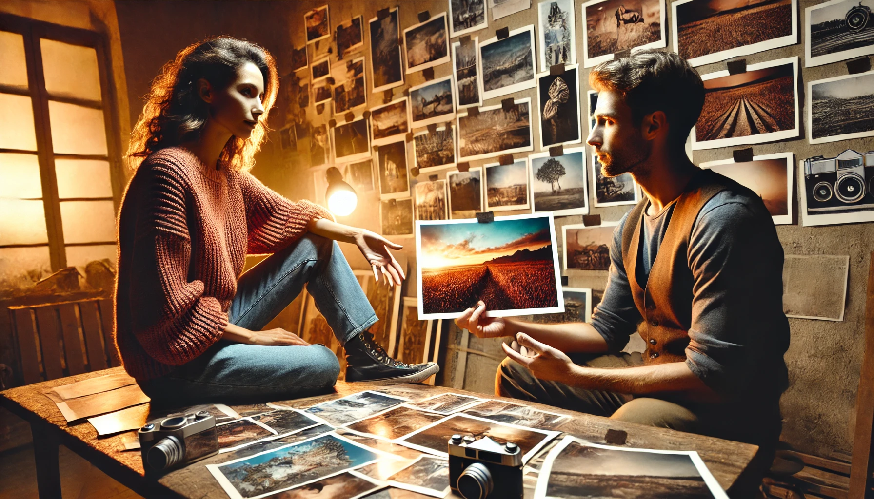 Zwei Personen besprechen Fotografien in einem Raum voller Fotodrucke an den Wänden und auf dem Tisch. Auf dem Tisch liegen auch Vintage-Kameras. (KI generierte Beschreibung)