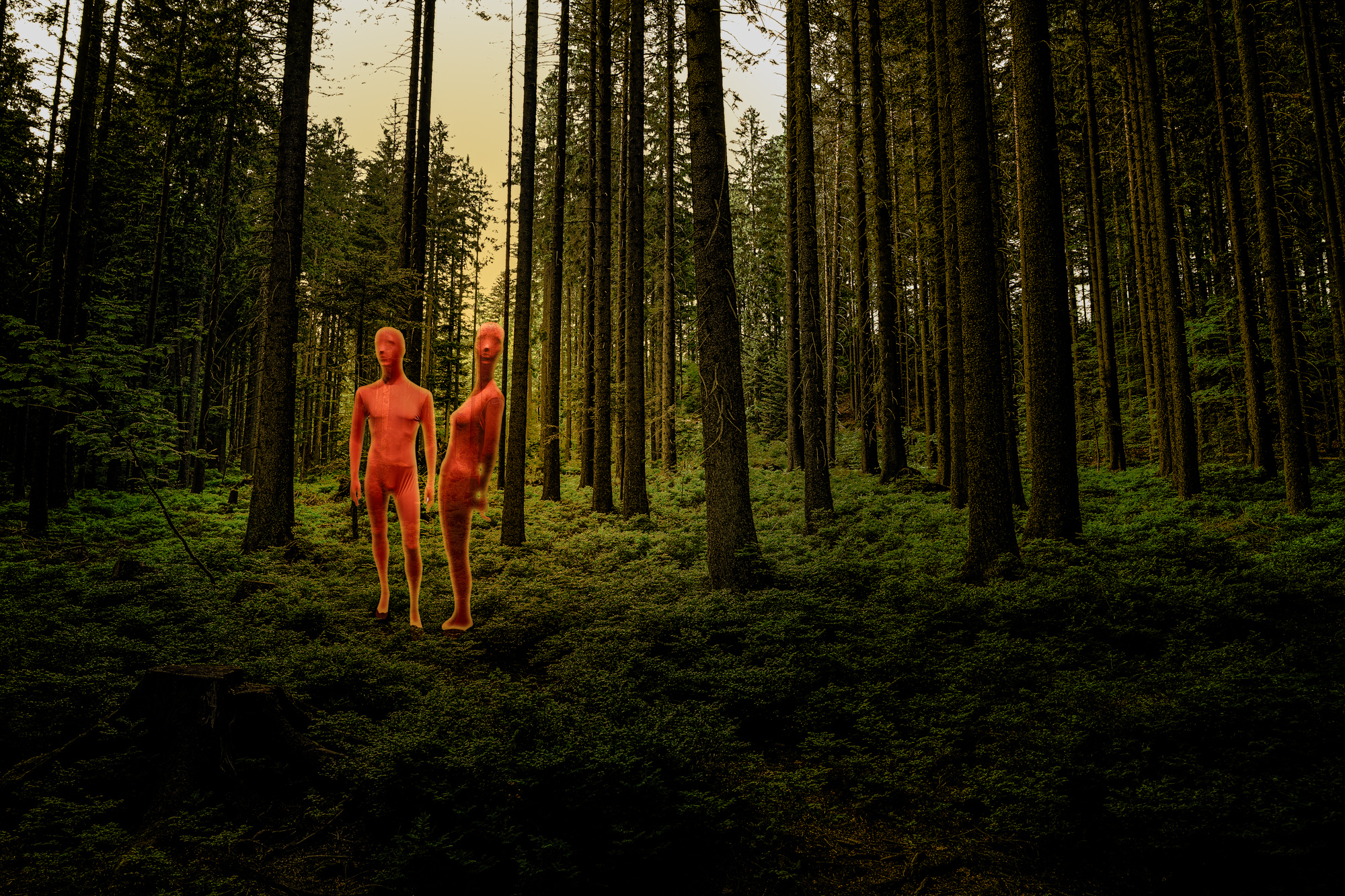Zwei abstrakte orangefarbene, menschenähnliche Figuren stehen in der Dämmerung in einem dichten Wald. (KI generierte Beschreibung)