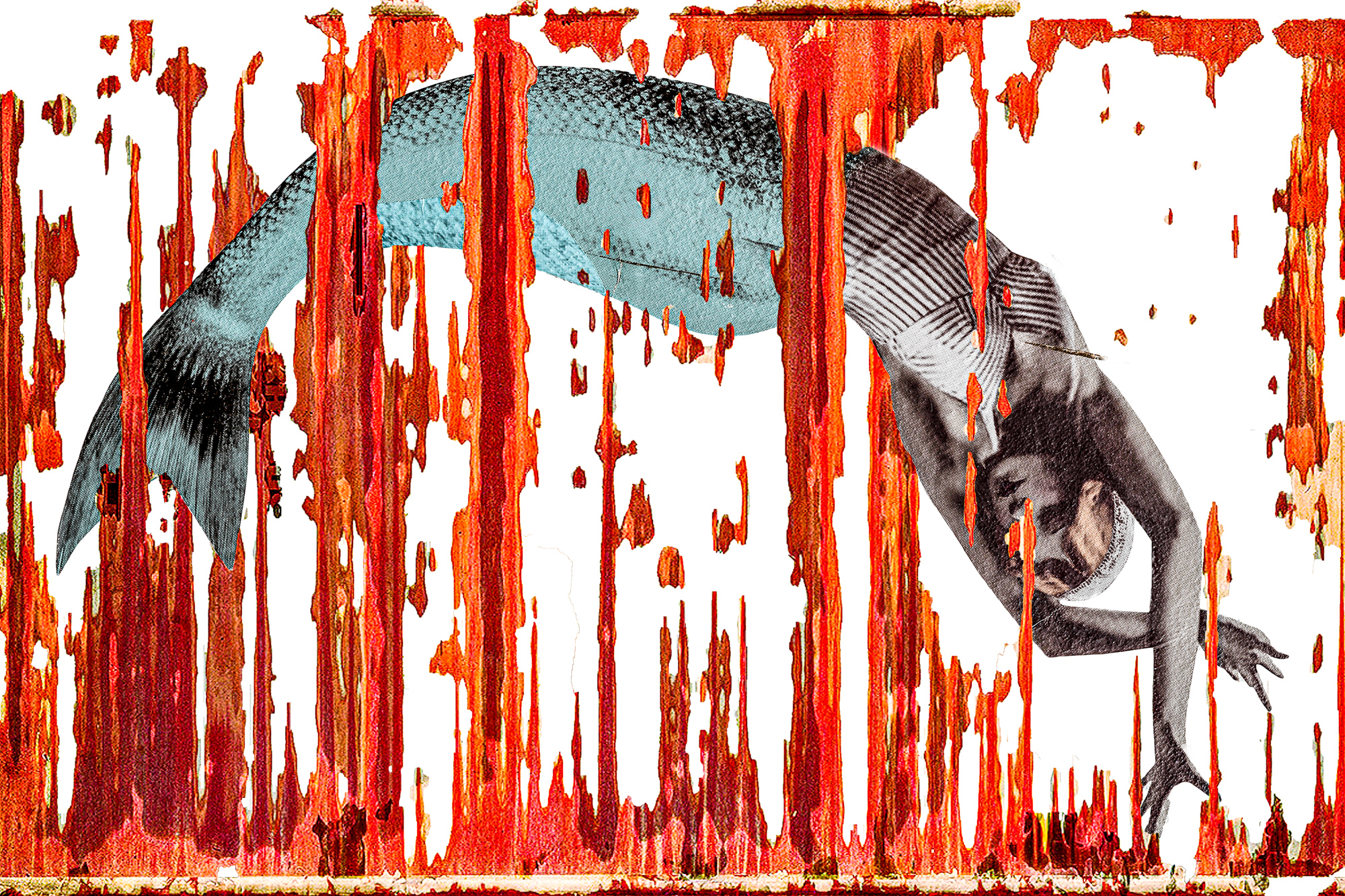 Eine Meerjungfrau taucht durch eine Reihe vertikaler roter Streifen vor einem weißen Hintergrund. (KI generierte Beschreibung)