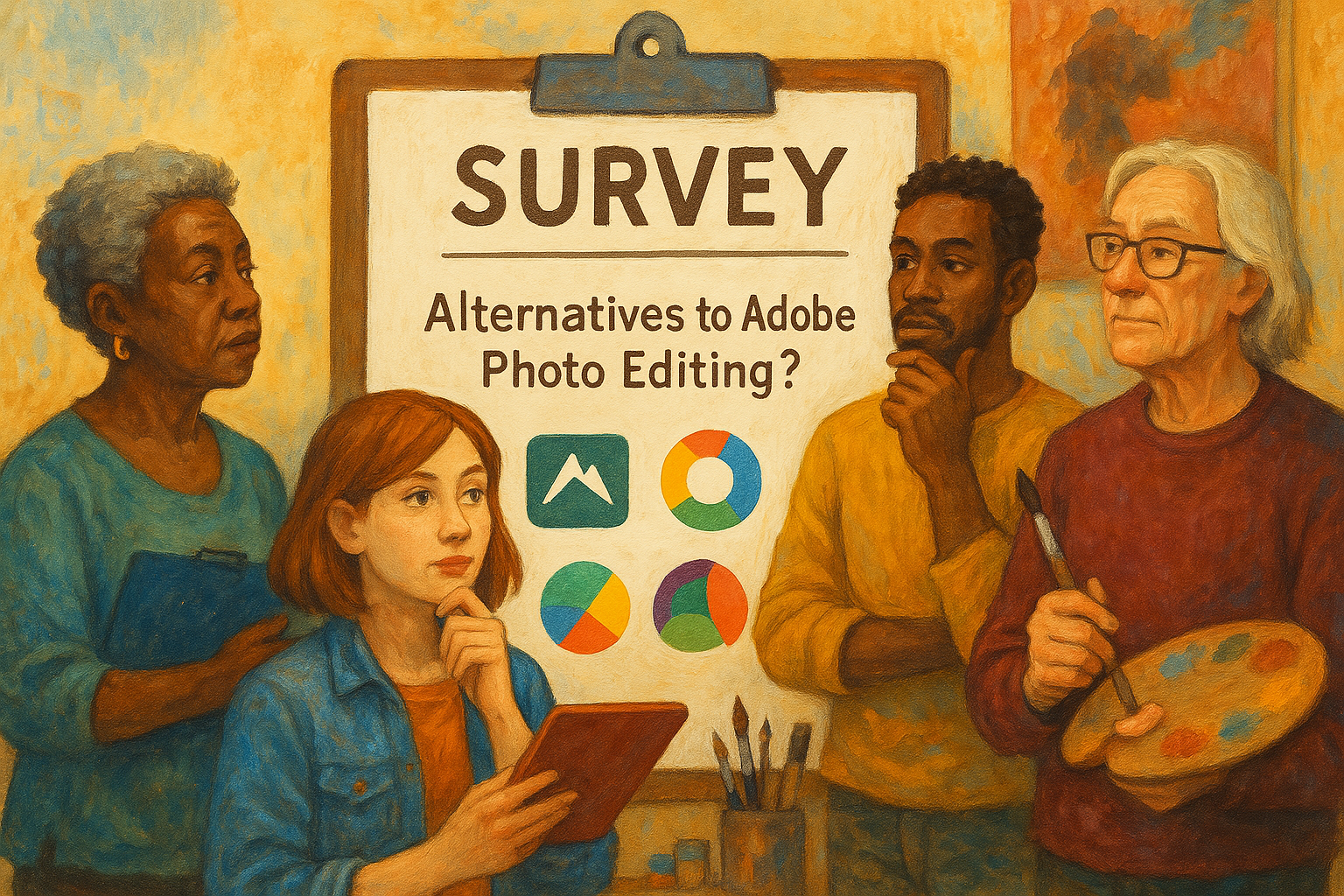 Personen, die über Alternativen zur Fotobearbeitung mit Adobe nachdenken, sehen sich ein Board mit Umfrageoptionen und Logos an. (KI generierte Beschreibung)