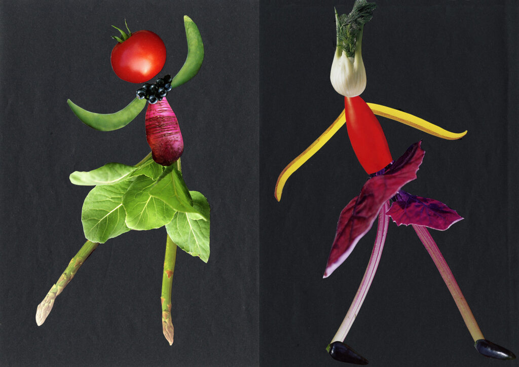 Zwei menschenähnliche Figuren aus verschiedenen Gemüsesorten und Früchten sind vor einem dunklen Hintergrund aufgestellt. (KI generierte Beschreibung)