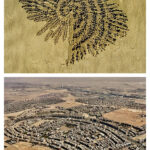 Oben: Eine große Herde von Tieren bildet ein spiralförmiges Muster auf einer sandigen Ebene. Unten: Luftaufnahme eines sich ausbreitenden Stadtgebiets inmitten der Wüste. (KI generierte Beschreibung)