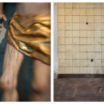 Links: Unscharfe Statue einer Figur in einem goldenen Gewand mit sichtbaren Wunden am Bein. Rechts: Eine geflieste Wand mit Flecken und Löchern über einem schmutzigen Boden. (KI generierte Beschreibung)