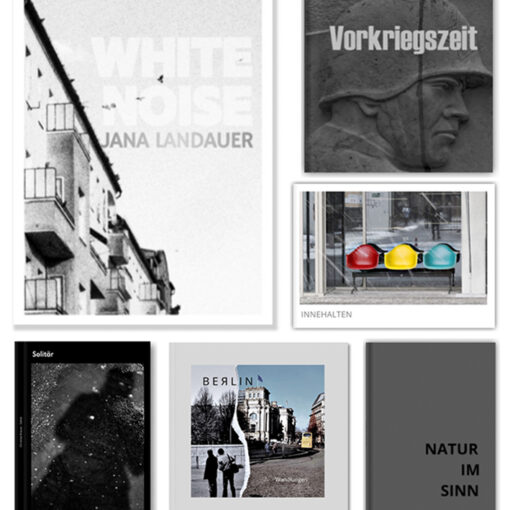 Eine Collage aus sieben Buchumschlägen zu verschiedenen Themen wie Architektur, Geschichte, Kunst und Natur mit minimalistischen und fotografischen Designs. (KI generierte Beschreibung)