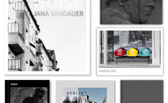 Eine Collage aus sieben Buchumschlägen zu verschiedenen Themen wie Architektur, Geschichte, Kunst und Natur mit minimalistischen und fotografischen Designs. (KI generierte Beschreibung)