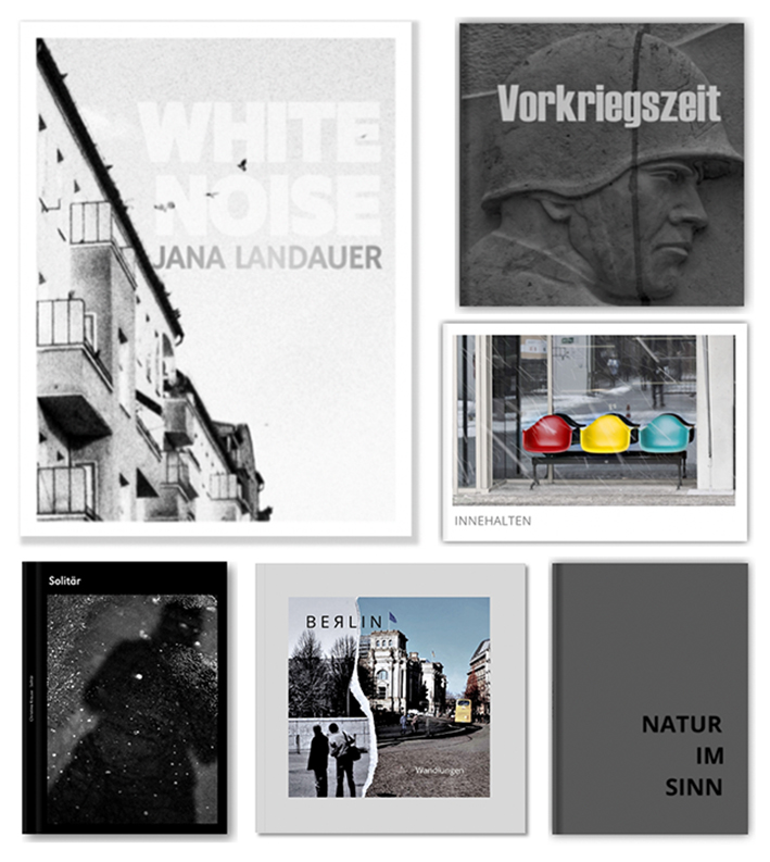 Eine Collage aus sieben Buchumschlägen zu verschiedenen Themen wie Architektur, Geschichte, Kunst und Natur mit minimalistischen und fotografischen Designs. (KI generierte Beschreibung)